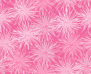 Fototapeta na wymiar Seamless pink tender girly pattern of fluffy pom poms. Monochrome dandelion pappus background.