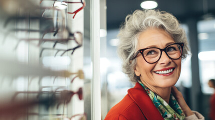 Senior woman chooses on glasses in an optics store. - obrazy, fototapety, plakaty
