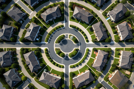 An aerial view reveals the meticulous layout of a gated community in a suburban area, with uniform houses and pristine lawns