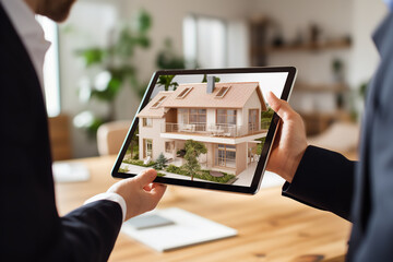 A realtor holds a tablet showing a virtual house tour to a young couple interested in buying a home - obrazy, fototapety, plakaty