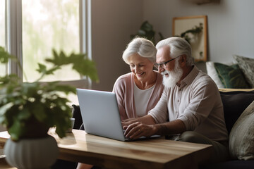 An elderly couple in their living room, attentively browsing downsizing options on an open laptop