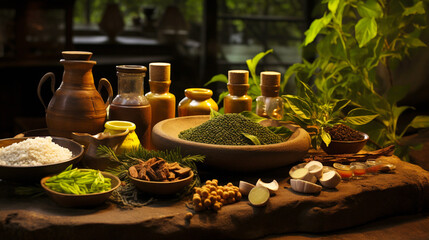 Ayurveda: Harnessing the Power of Ancient Hindu Medicine with Plants and Herbs. - obrazy, fototapety, plakaty