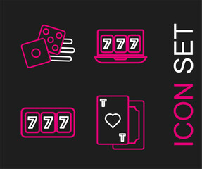 Set line Playing card with heart, Slot machine lucky sevens jackpot, Online slot and Game dice icon. Vector