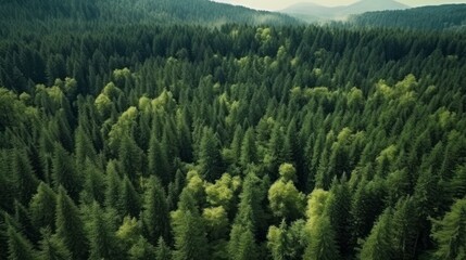 Beautiful green summer forest in the morning. The forest landscape is seen from above. Aerial shot of summer woods. Drone shot nature composition. Beautiful natural landscape.