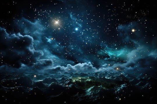 A picture of a night sky with clouds and stars. Imaginary AI picture.