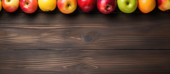 Top down view of colorful apples in box on wooden table with space for text With copyspace for text