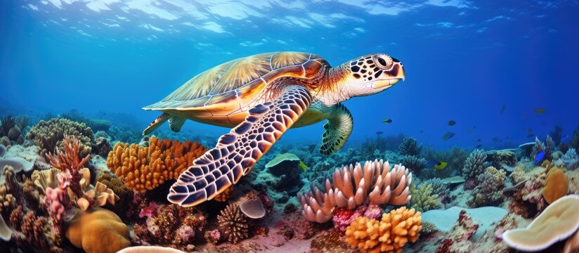 Turtle on reef in Borneo With copyspace for text