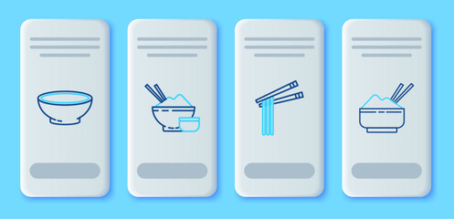 Set line Rice in a bowl with chopstick, Asian noodles and chopsticks, Bowl of hot soup and icon. Vector