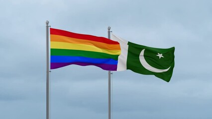 Pakistan flag and LGBT movement also Gay Pride flag waving together on cloudy sky, endless seamless loop, two country relations concept