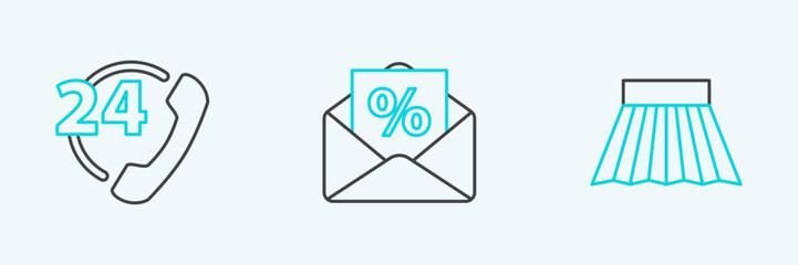 Set line Skirt, Telephone 24 hours support and Envelope with an interest discount icon. Vector