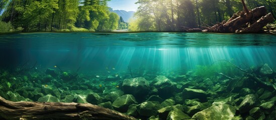 Underwater view of forest river with plants and tree logs Focus on nature conservation ecology ecosystems aquatic wildlife drinking water treatment pollution With copyspace for text
