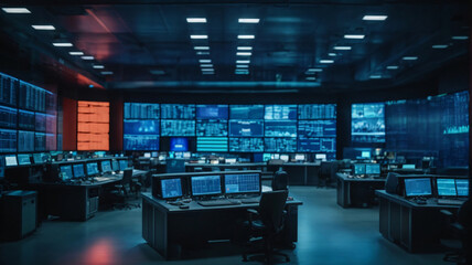 Security room with computers, stock market data and stock exchange data. CCTV cameras in surveillance room. Cybersecurity concept. 