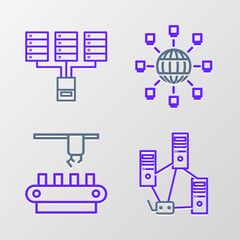 Set line Computer network, Factory conveyor system belt, Social and Server, Data, Web Hosting icon. Vector