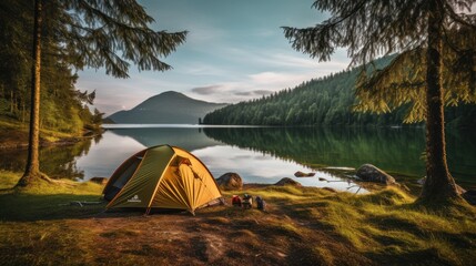 A camping tent in a nature hiking spot, Relaxing during a Hike in mountains, next to lake river