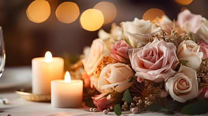 Wedding centerpiece with flower bouquet and candles