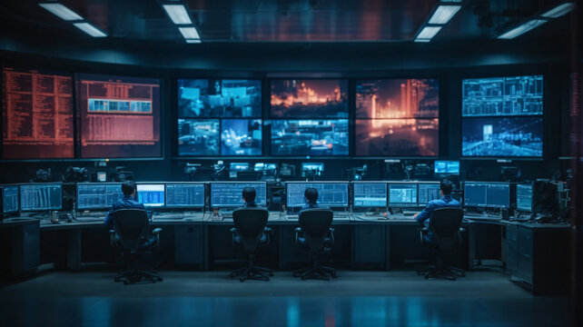 Security room with computers, stock market data and stock exchange data. CCTV cameras in surveillance room. Cybersecurity concept. 