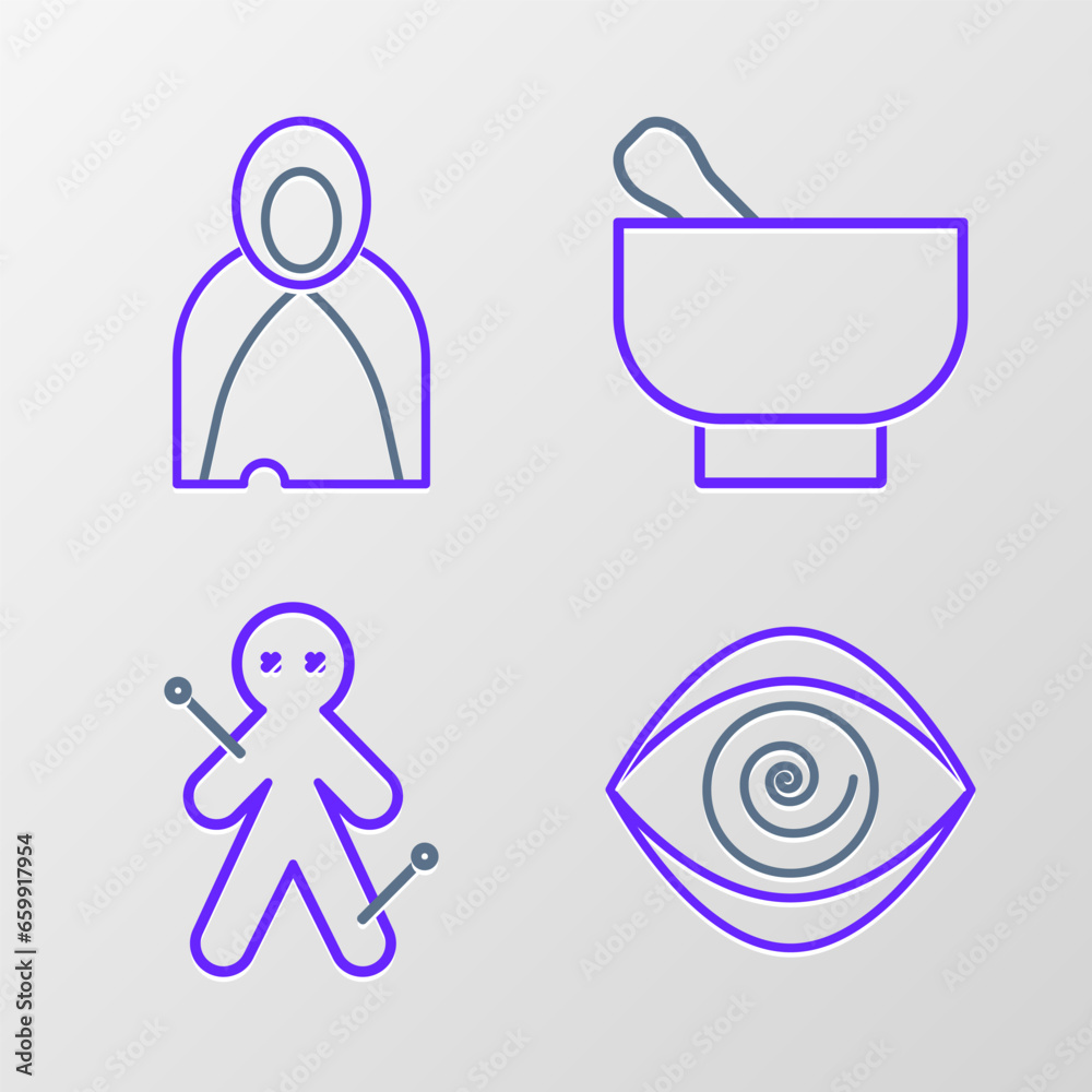 Poster Set line Hypnosis, Voodoo doll, Magic mortar and pestle and Mantle, cloak, cape icon. Vector