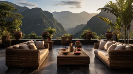 Decorate with rattan furniture outdoors with a mountain view - obrazy, fototapety, plakaty