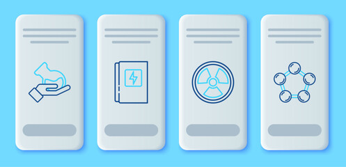 Set line Electrical panel, Radioactive, Test tube and flask and Molecule icon. Vector