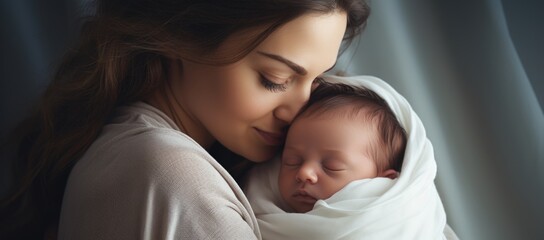 A mother embracing her infant in her hands - Powered by Adobe