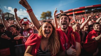 Fans wearing red shirts watched and cheered the match live from the stands in the fan zone - obrazy, fototapety, plakaty