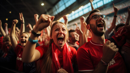 Fans wearing red shirts watched and cheered the match live from the stands in the fan zone - obrazy, fototapety, plakaty