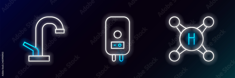 Wall mural set line water tap, and electric boiler icon. glowing neon. vector