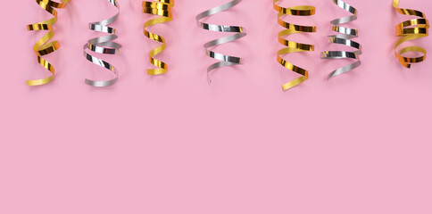 Flatlay composition with holiday decor on a pink background. Holidays concept. Copy space. Top view.