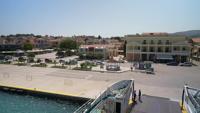 View of Lixouri from ferry leaving the harbour, Lixouri, Kefalonia (Cephalonia), Ionian Islands, Greek Islands