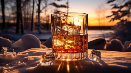 Glass of whiskey in the snow at sunset with blurry bottle in the background - obrazy, fototapety, plakaty