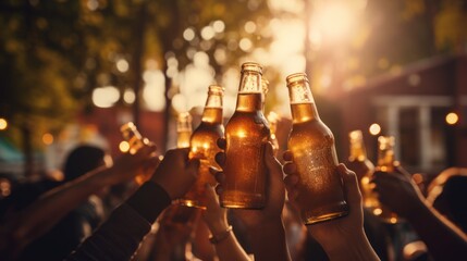 Hands of group of unrecognisable people toasting with beer bottles at outdoor party - Powered by Adobe