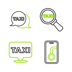 Set line City map navigation, Location with taxi, Magnifying glass and car and Taxi call telephone service icon. Vector