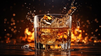Isolated shot of whiskey with splash on dark background - obrazy, fototapety, plakaty