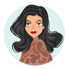 Avatar vector flat illustration with happy face model. Black hair and brown shirt for profile photo social media.