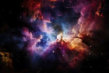 An abstract background image featuring a vibrant nebula with colorful, fluffy clouds enveloping a brilliant light source, creating a dreamlike scene. Photorealistic illustration