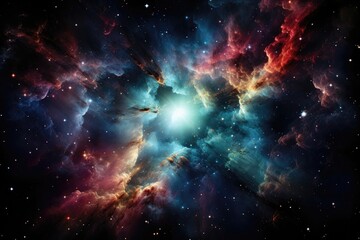 Fototapeta na wymiar An abstract background image featuring a nebula with a radiant star breaking through vibrant and colorful clouds, creating a cosmic-inspired scene. Photorealistic illustration