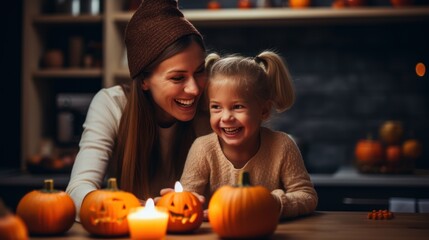 Fototapeta premium Mother and her daughter having fun at home. Happy Family preparing for Halloween.