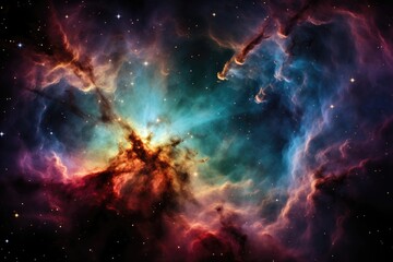 Fototapeta premium An abstract background image for creative content featuring a nebula with cloud formations resembling a colorful cave, creating an intriguing scene. Photorealistic illustration