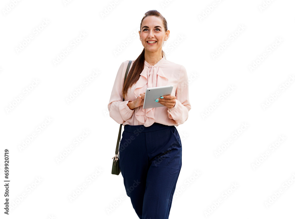 Wall mural A female manager is smiling using a tablet of an office employee in a shirt. Reads an e-book online.