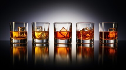 Set of glass of whiskey or whisky or american Kentucky bourbon with its reflection on the plane - obrazy, fototapety, plakaty