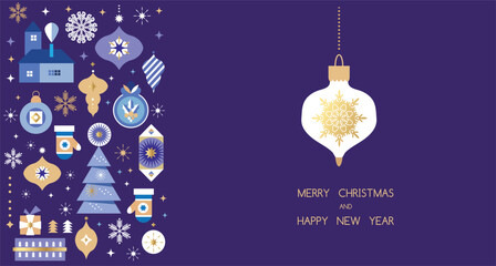 Merry Christmas and Happy New Year 2024  holiday template design banner, poster, card, cover. Gifts,    ball toy, christmas tree, golden snowflake   Modern Xmas flat cartoon cute vector illustration