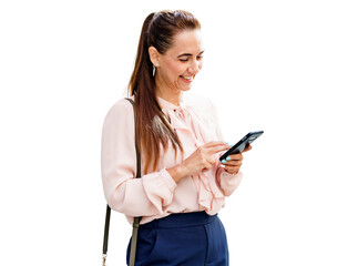 A woman online training smiles using the phone chat application. An office employee in a shirt. Reads an e-book.