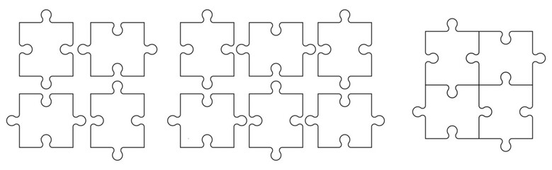 Set of puzzle pieces teamwork concept. Separate puzzle pieces with editable stroke isolated on transparent background.