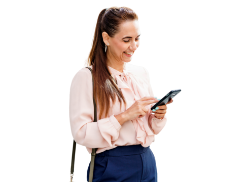 A woman online training smiles using the phone chat application. An office employee in a shirt. Reads an e-book.