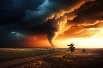 Tornado devastating land at sunset. Extreme weather and climate change concept - obrazy, fototapety, plakaty