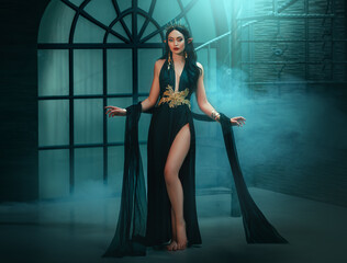Art photo real people fairy tale woman elf queen in black fantasy sexy dress, dark evil witch Black long hair Princess girl sharp ears gothic golden crown on head. Studio castle old style room window