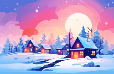 Fototapeta na wymiar Cozy Winter Village Illustrations