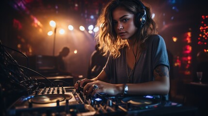 Fototapeta na wymiar Woman being DJ at party front view