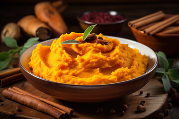 Mashed sweet potatoes are flavored with cinnamon and nutmeg, offering a comforting side dish