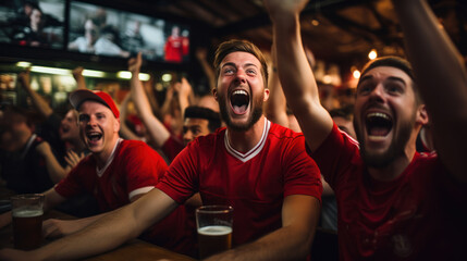 Young friends in red shirts with beer glasses and beards at the bar happily watching football